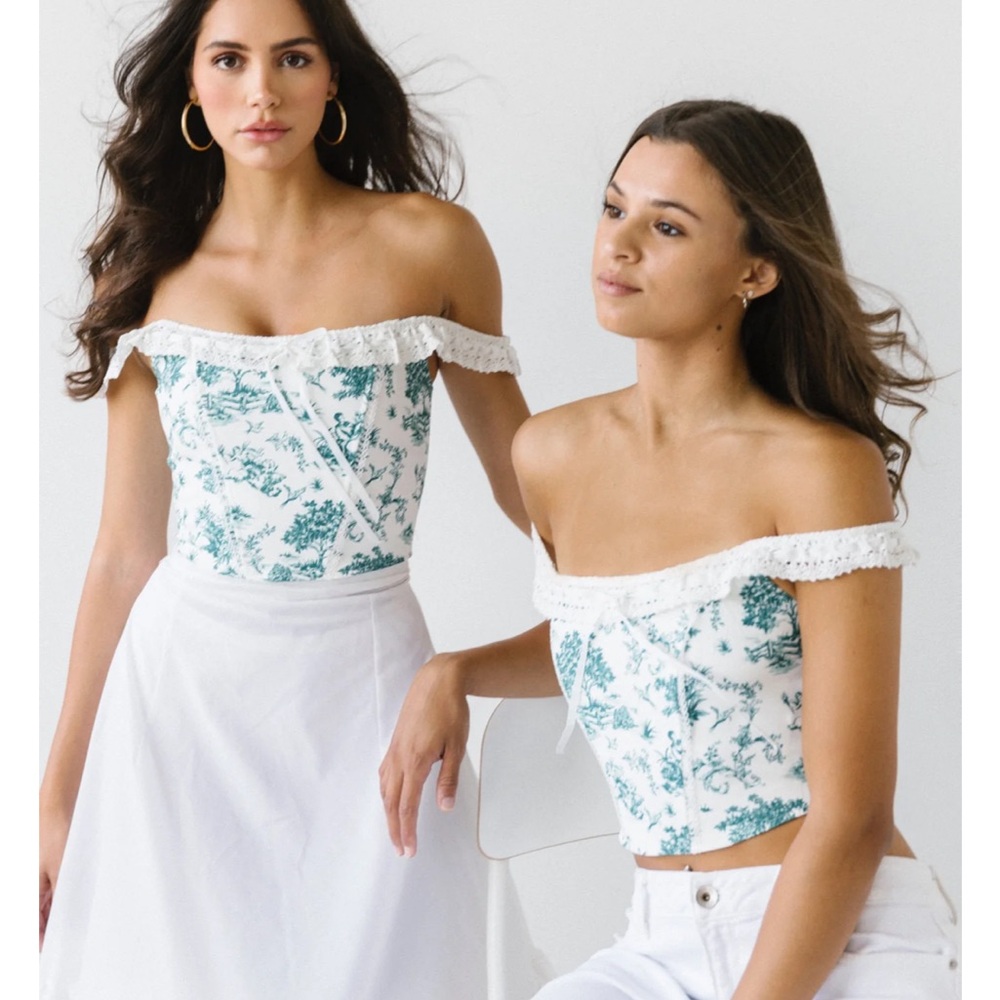 Floral Off-Shoulder Corset Top - Black and White